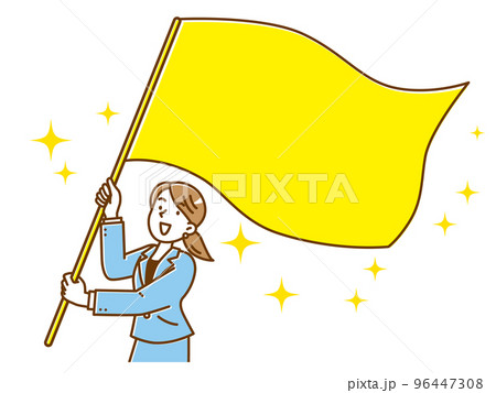 大きな旗を振るスーツを着た若い女性 大きな旗を振るスーツを着た若い女性 96447308