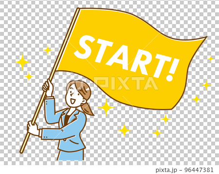 A young woman in a suit waving the start flag 96447381
