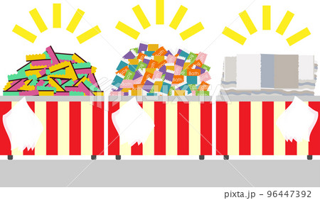 スポンジと入浴剤とタオルの詰め放題のイメージイラスト スポンジと入浴剤とタオルの詰め放題のイメージイラスト 96447392