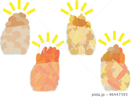 じゃがいもとたまねぎと人参の詰め放題で詰めた袋のイメージイラスト 96447393