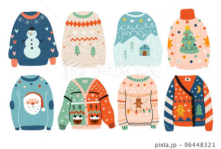 Ugly Christmas sweaters. Traditional warm holiday clothes. Knitted wear with New Year patterns. Funny cozy pullovers. Colorful jerseys ornaments. Casual knitwear. Garish vector set 96448321