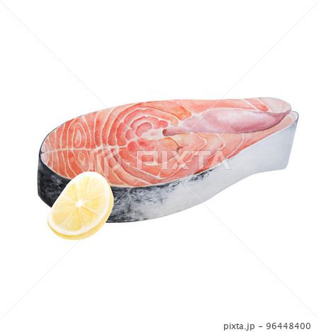 Watercolor illustration of raw salmon steak with lemon isolated on white background Watercolor illustration of raw salmon steak with lemon isolated on white background 96448400