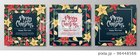 Postcard set with red and yellow poinsettia. Christmas and New Year background. Winter plants for decorating invitations, banners, flyers, etc. 96448566