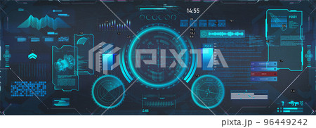 FUI HUD virtual reality, view from the helmet. Sci-fi Head-up display FUI HUD virtual reality, view from the helmet. Sci-fi Head-up display 96449242