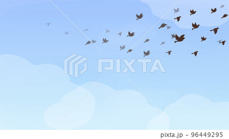 青空の空と雲の中を飛ぶ鳥の群れの背景イラスト 96449295