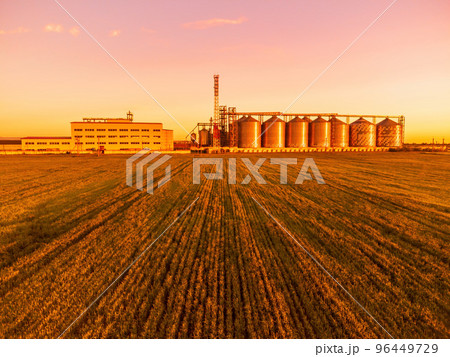 Grain elevator. Metal grain elevator in agricultural zone. Agriculture storage for harvest. Grain silos on green nature background. Exterior of agricultural factory. Sunset warm light. Nobody. Grain elevator. Metal grain elevator in agricultural zone. Agriculture storage for harvest. Grain silos on green nature background. Exterior of agricultural factory. Sunset warm light. Nobody. 96449729