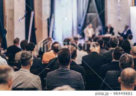 Round table discussion at business convention and Presentation. Audience at the conference hall. Business and entrepreneurship symposium. 96449881