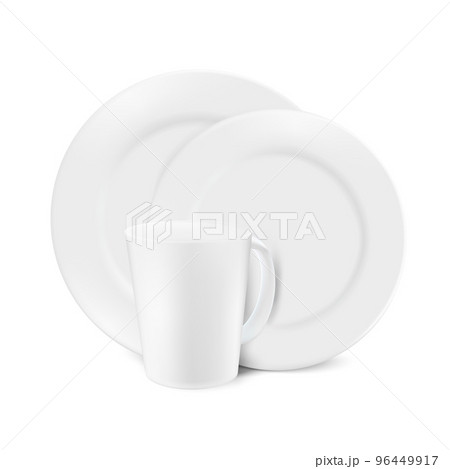 Kitchen household cutlery clean cup and white ceramic plates. Isolated empty service front view. 96449917