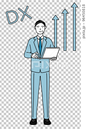 An image of DX conversion, a senior businessman who succeeded in improving business, a simple line drawing illustration of a manager/manager/president 96450818