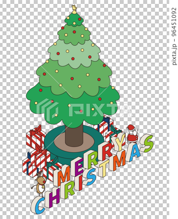Isometric illustration of santa claus and reindeer under big christmas tree Isometric illustration of santa claus and reindeer under big christmas tree 96451092