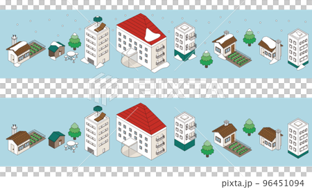 Isometric illustration of a set of buildings (houses where snow accumulates) Isometric illustration of a set of buildings (houses where snow accumulates) 96451094
