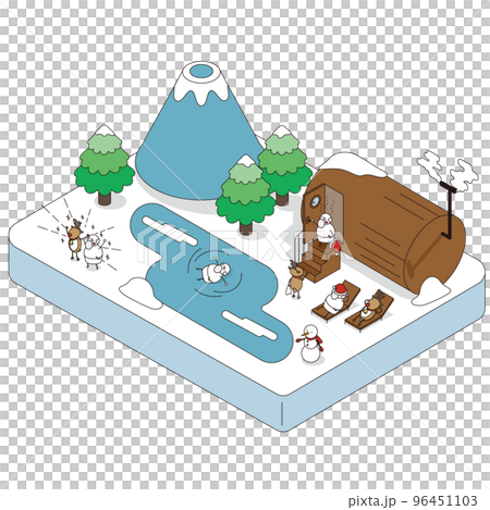 Isometric illustration of Santa and reindeer enjoying a sauna in nature 96451103
