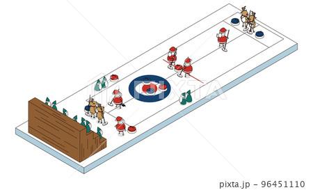 カーリングで勝負をするサンタクロースとトナカイのアイソメイラスト 96451110