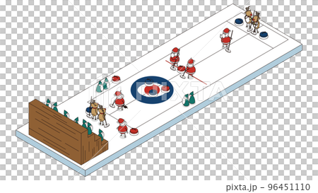 カーリングで勝負をするサンタクロースとトナカイのアイソメイラスト 96451110