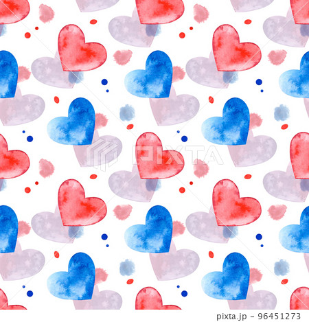Valentine's day. Seamless pattern on a white background and watercolor hearts, spots and dots hand-drawn in watercolor. Suitable for printing on fabric, wallpaper, postcards and scrapbooking 96451273