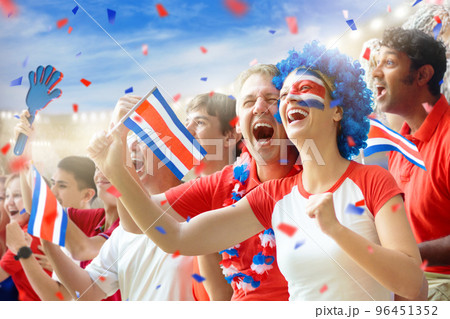 Costa Rica football team supporter on stadium. Costa Rica football team supporter on stadium. 96451352