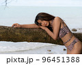 Beautiful woman with fashion swimwear at sea. 96451388