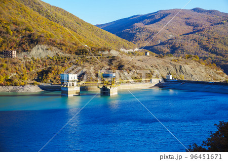 mountain landscape. beautiful blue lake reservoir among the mountains. mountain landscape. beautiful blue lake reservoir among the mountains. 96451671