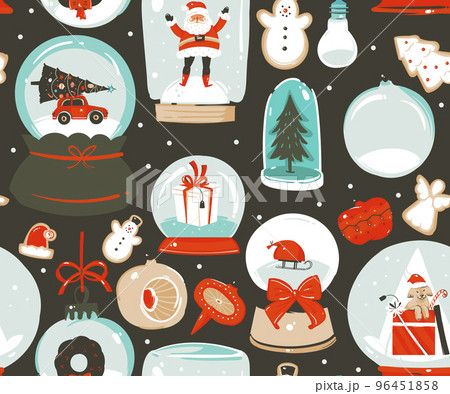 Hand drawn vector abstract fun stock flat Merry Christmas,and Happy New Year time cartoon festive seamless pattern with cute illustrations of Xmas snow globe and Santa isolated on color background Hand drawn vector abstract fun stock flat Merry Christmas,and Happy New Year time cartoon festive seamless pattern with cute illustrations of Xmas snow globe and Santa isolated on color background 96451858