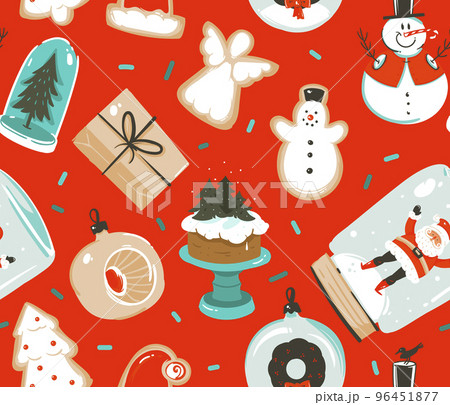 Hand drawn vector abstract fun stock flat Merry Christmas,and Happy New Year time cartoon festive seamless pattern with cute illustrations of Xmas retro vintage toys isolated on color background 96451877