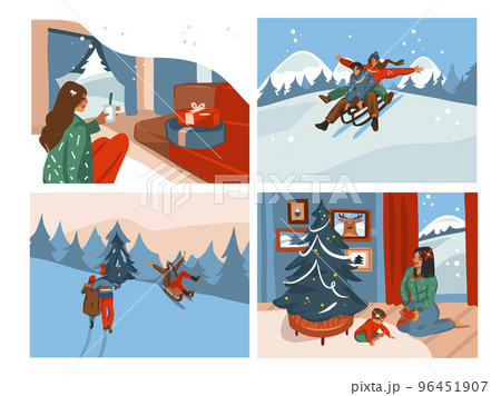 Hand drawn vector abstract fun stock flat Merry Christmas,and Happy New Year cartoon festive card with cute illustrations of Xmas scenes collection set bundle isolated on white background 96451907