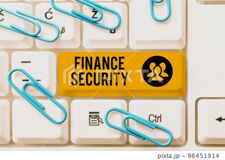 Text sign showing Finance Security. Word Written on document that entitles the owner with some rights and claims Text sign showing Finance Security. Word Written on document that entitles the owner with some rights and claims 96451914