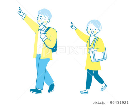 人差し指を立てて案内するシニア夫婦のベクターイラスト素材 96451921