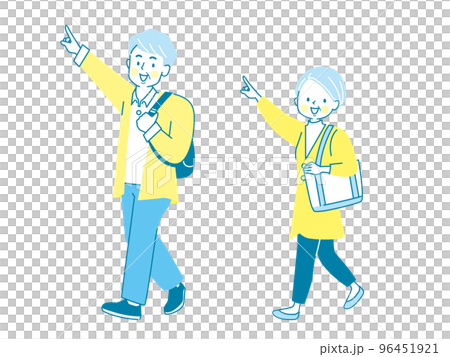 人差し指を立てて案内するシニア夫婦のベクターイラスト素材 96451921