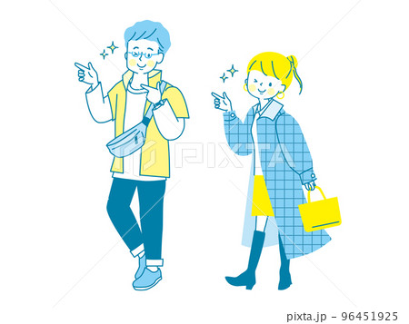 笑顔で指差しするオシャレな男女のカップルのベクターイラスト素材 96451925