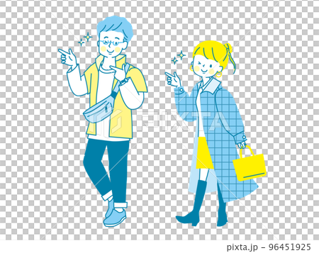 笑顔で指差しするオシャレな男女のカップルのベクターイラスト素材 96451925