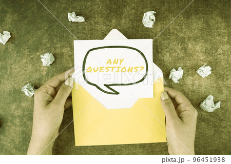 Handwriting text Any Questions Question. Business idea Asking for inquiry Interrogation Clarification 96451938