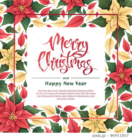 Square background with red and yellow poinsettia. Christmas card, poster with festive floral decor. Vector botanical illustration for New Year and Christmas 96451957