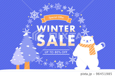 円形の雪の結晶と白くまとツリーをあしらった冬の催事フレーム_青 96451985