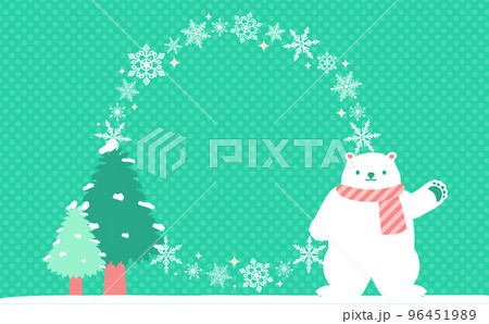 円形の雪の結晶と白くまとツリーをあしらった冬の催事フレーム_緑_文字なし 96451989