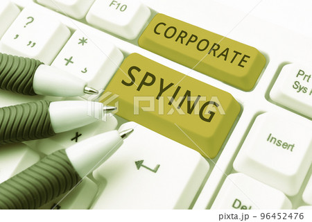 Text caption presenting Corporate Spying. Business overview investigating competitors to gain a business advantage Text caption presenting Corporate Spying. Business overview investigating competitors to gain a business advantage 96452476