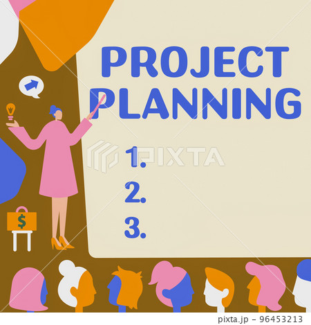 Text caption presenting Project Planning. Concept meaning plan and subsequently report progress within the project 96453213