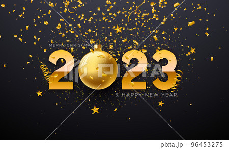 Happy New Year 2023 Illustration with Gold Ornamental Ball and Falling Confetti on Black Background. Vector Christmas Holiday Season Design for Flyer, Greeting Card, Banner, Celebration Poster, Party 96453275