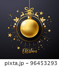 Merry Christmas and Happy New Year Illustration with Gold Glass Ball, Star and Golden Typography Elements on Black Background. Vector Holiday Season Design for Greeting Card, Party Invitation or Promo 96453293