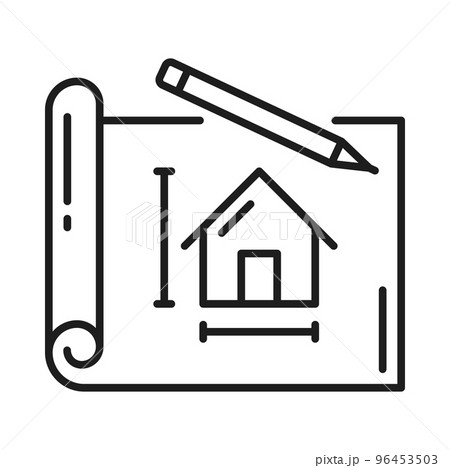 House architect development, home building and interior design, vector icon. Home construction project or architecture development and real estate apartments interior design project blueprint icon 96453503