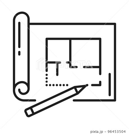 Interior design, home project and house architecture plan vector line icon. Apartments interior design and architect project development icon of blueprint and pencil for reals estate planning 96453504