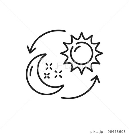 Change of day and night concept isolated thin line icon. Vector sun, half moon and stars, arrows. Sunshine and moonlight, evening and morning, nighttime and daytime, healthy night sleep and activity 96453603