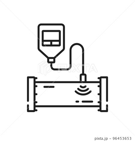 Device for measuring pressure in pipe isolated outline icon. Vector gas or oil manometer, meter or vacuum gauge device measurement tool used to measure, display pressure of fluid and gas in pipeline 96453653
