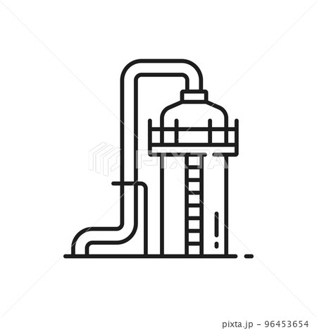 Oil storage tank with drop of oil and ladder isolated thin line icon. Vector oil industry depot outline style icon. Water tank, crude gas storage reservoir, gasoline and benzene large cylinder 96453654