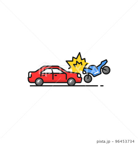 Road collision isolated car crash with bike color line icon. Accident on road, damaged transport. Smashed vehicle and motorcycle city drive disaster Road collision isolated car crash with bike color line icon. Accident on road, damaged transport. Smashed vehicle and motorcycle city drive disaster 96453734