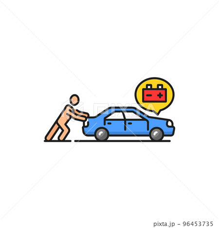 Person push car with low battery died charge power, color isolated line icon. Damaged vehicle with dead engine generator or accumulator, no battery 96453735