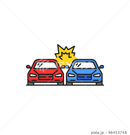 Side collision isolated color line icon. Broadside crash, vector car accident. Distracted driving, breakdown of two vehicles, damaged cars Side collision isolated color line icon. Broadside crash, vector car accident. Distracted driving, breakdown of two vehicles, damaged cars 96453748