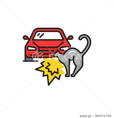 Automobile knocking down cat isolated vector road collision color line icon. Car or traffic accident with domestic animal, injured cat 96453749