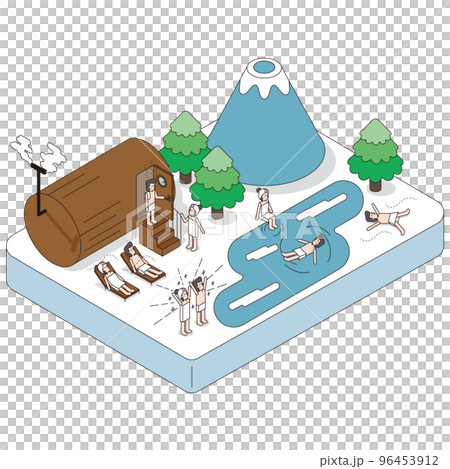 一個男人和一個女人在大自然中享受桑拿的等距插圖 96453912