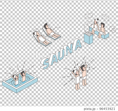 一個男人和一個女人享受桑拿的等距插圖 96453921