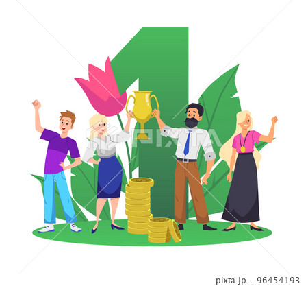 Business team receiving first place prize and money award, flat vector isolated. Business team receiving first place prize and money award, flat vector isolated. 96454193